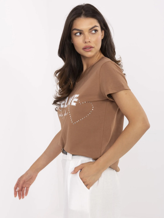 Beige T-Shirt mit Applikation und Strasssteinen
