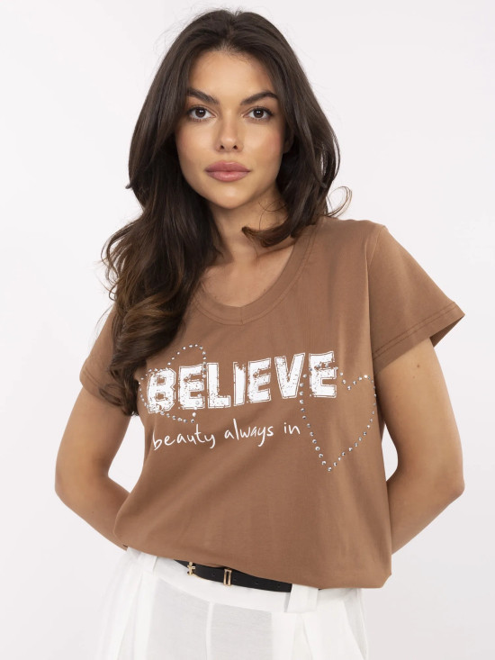 Beige T-Shirt mit Applikation und Strasssteinen