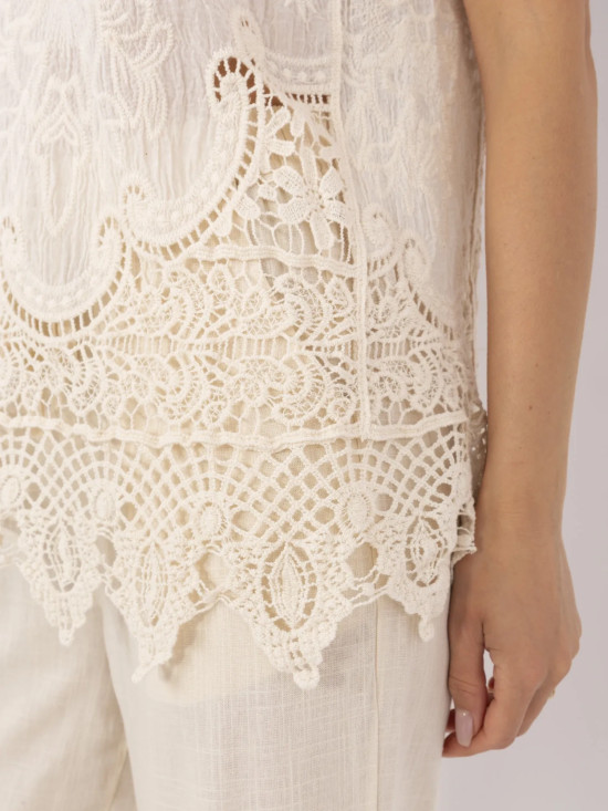 Beige Bluse mit Spitzenmuster