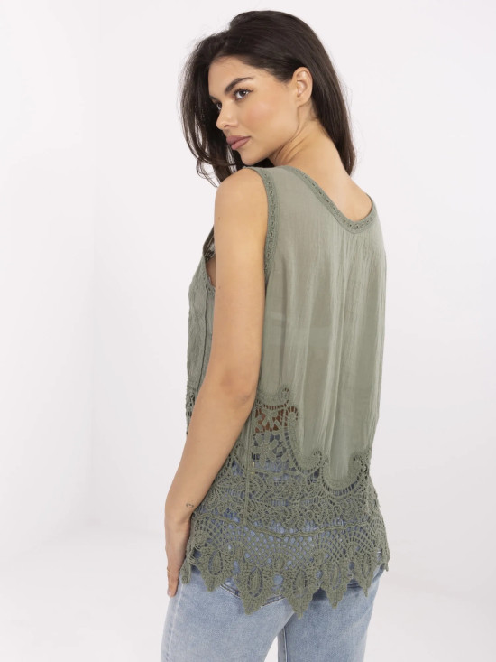 Khaki Bluse mit Spitze und Stickerei