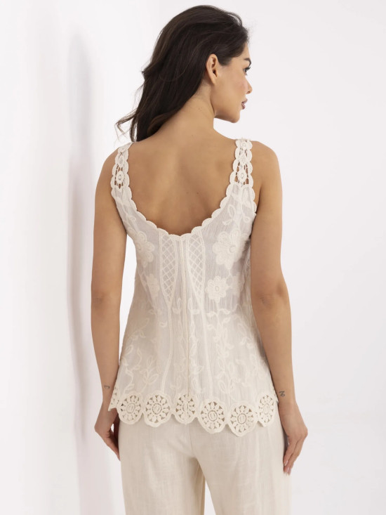 Beige Bluse mit V-Ausschnitt und Stickerei