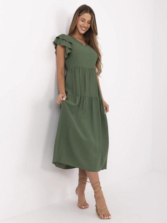 Khaki ausgestellte Kleid mit V-Ausschnitt