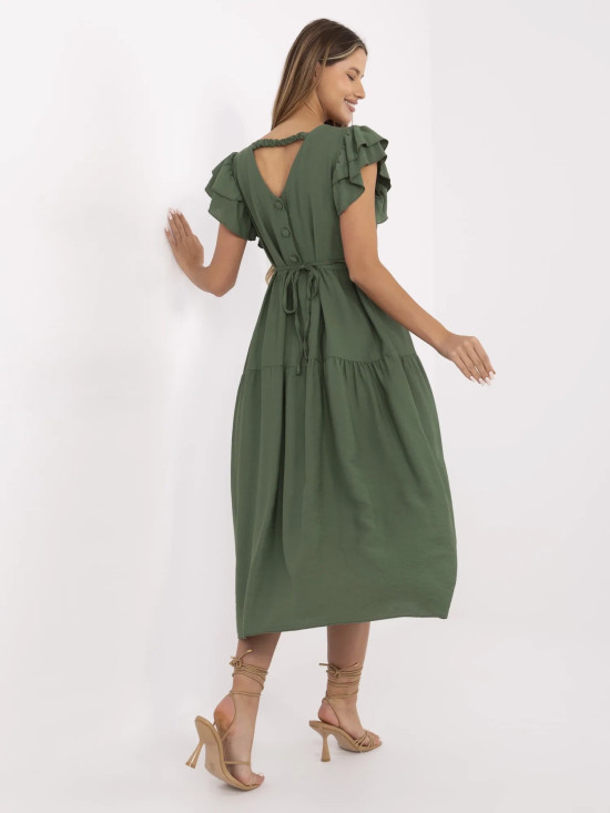 Khaki ausgestellte Kleid mit V-Ausschnitt