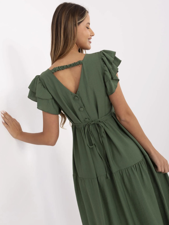 Khaki ausgestellte Kleid mit V-Ausschnitt