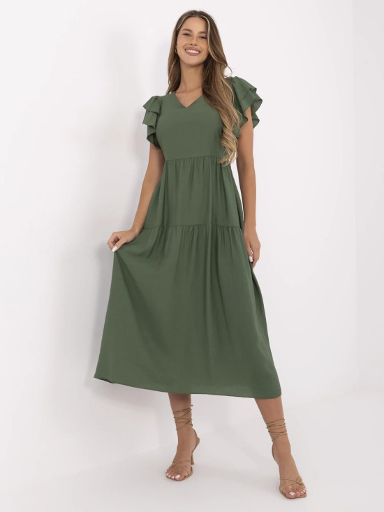 Khaki ausgestellte Kleid mit V-Ausschnitt