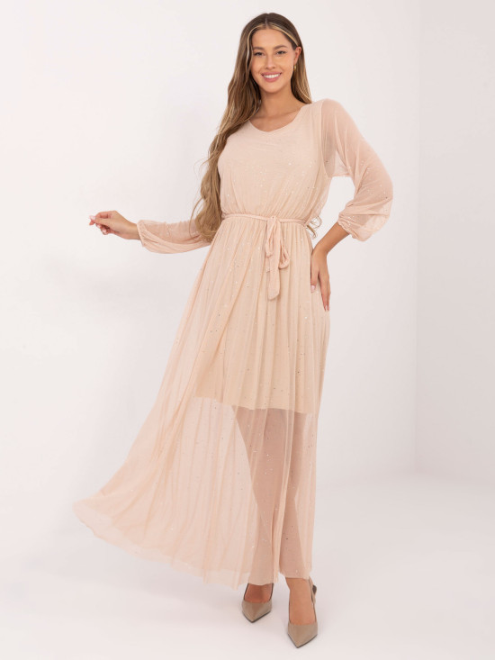 Beiges Maxi-Kleid mit Applikation und Gürtel