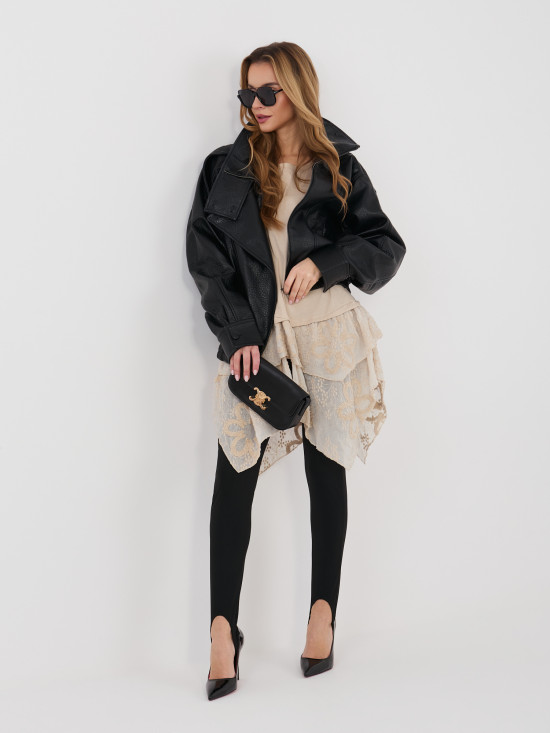 Beige Baumwollbluse mit kurzen Ärmeln und Volant