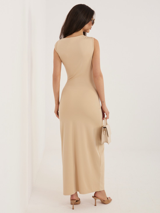 Beiges ärmelloses Midi-Etuikleid