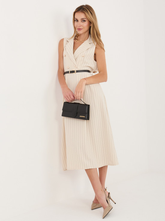 Beiges ausgestelltes Midi-Kleid mit Gürtel und Kragen