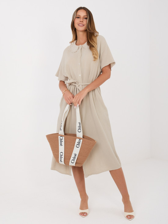 Beiges ausgestelltes Midi-Kleid mit Gürtel und Taschen