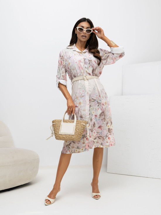 Beiges ausgestelltes Kleid mit Blumenmuster