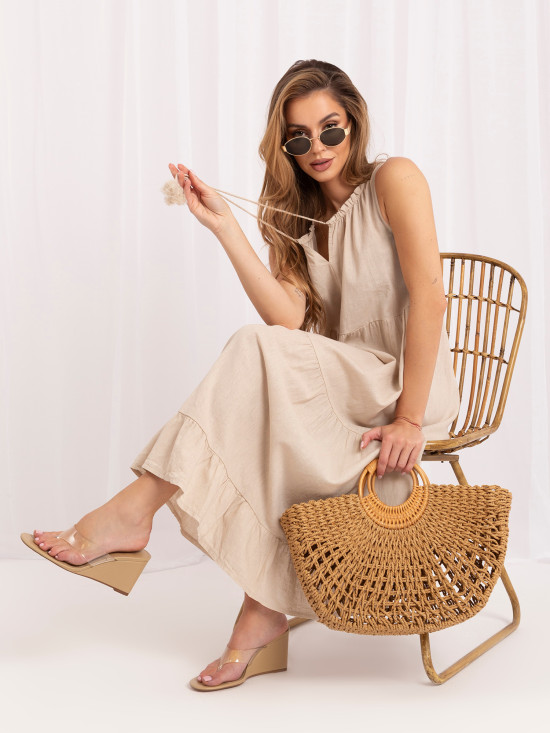Beiges Leinen-Midikleid mit Volant und Schnürung