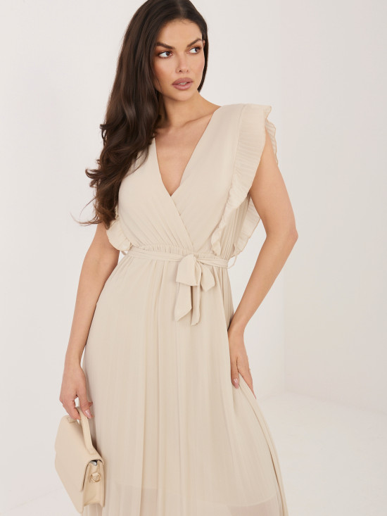 Beiges ausgestelltes Midi-Kleid mit Gürtel