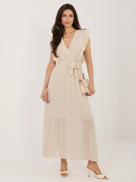 Beiges ausgestelltes Midi-Kleid mit Gürtel