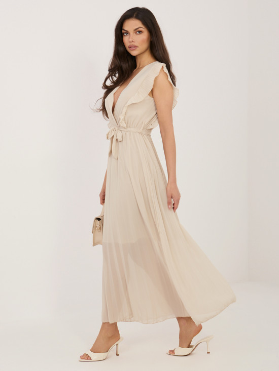 Beiges ausgestelltes Midi-Kleid mit Gürtel