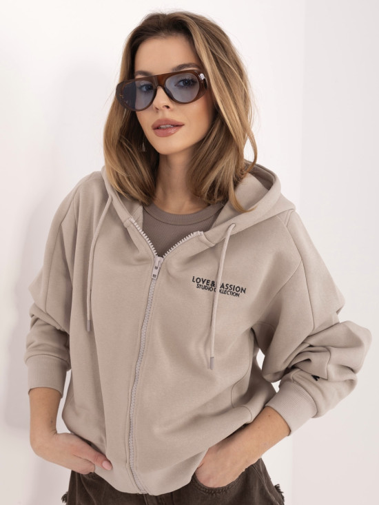 Beige kurze Kapuzen-Sweatjacke mit Reißverschluss