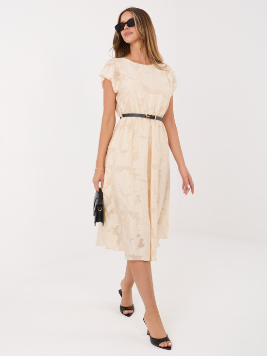 Beiges ausgestelltes Midi-Kleid mit Gürtel