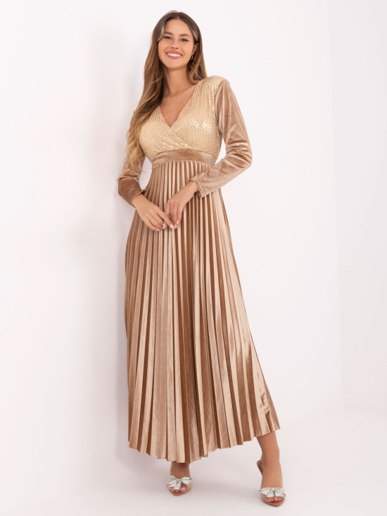 Beiges Maxi-Kleid mit Gürtel und Pailletten