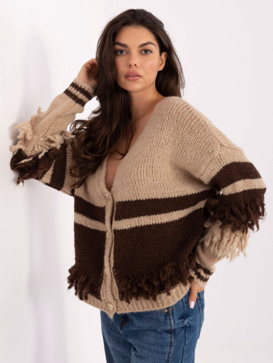 Beiger gestreifter Pullover mit V-Ausschnitt und Fransen