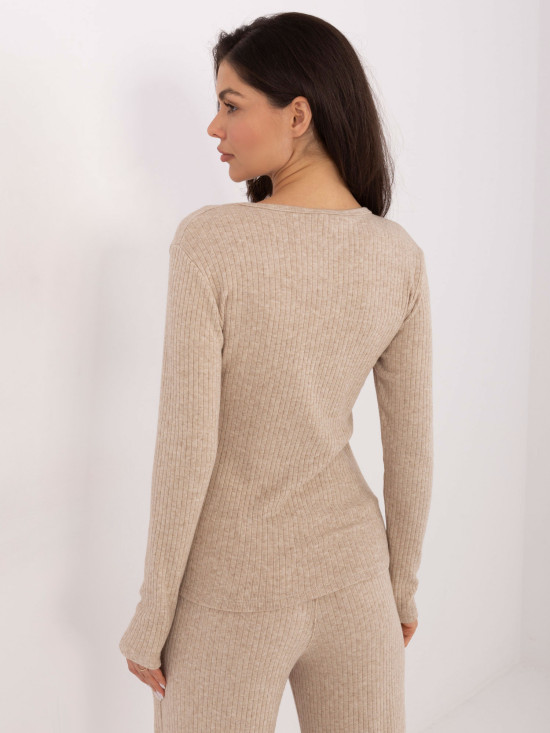 Beiger Rippstrickpullover mit V-Ausschnitt