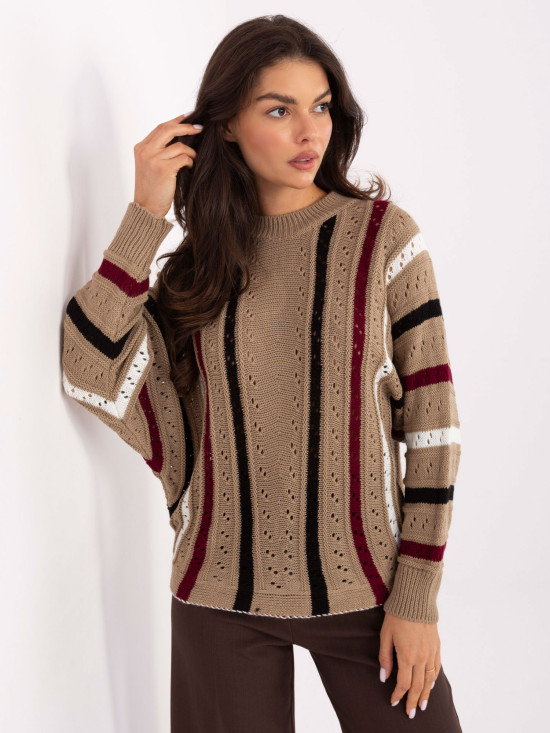 Beiger Ajour-Pullover mit Streifen