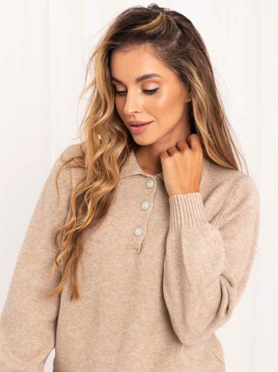 Beiger eleganter Pullover mit Kragen und Knöpfen