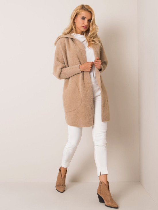Beige Alpaka-Mantel mit Kapuze