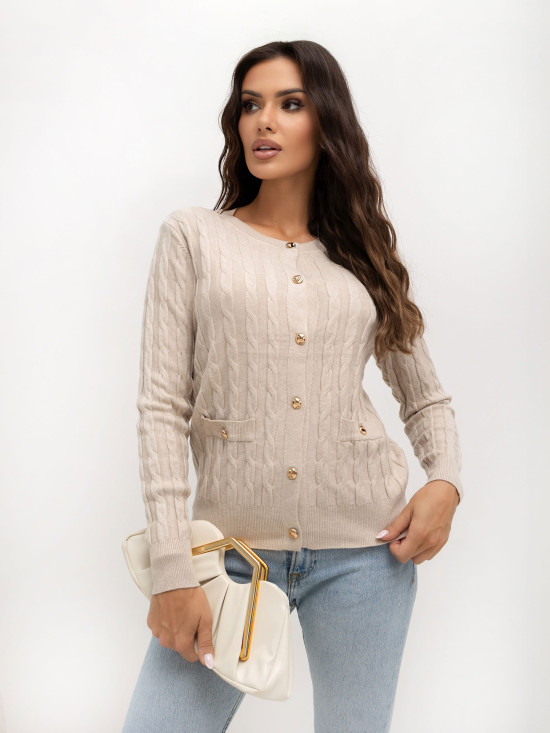 Beiger eleganter Pullover mit Rundhalsausschnitt und Knöpfen