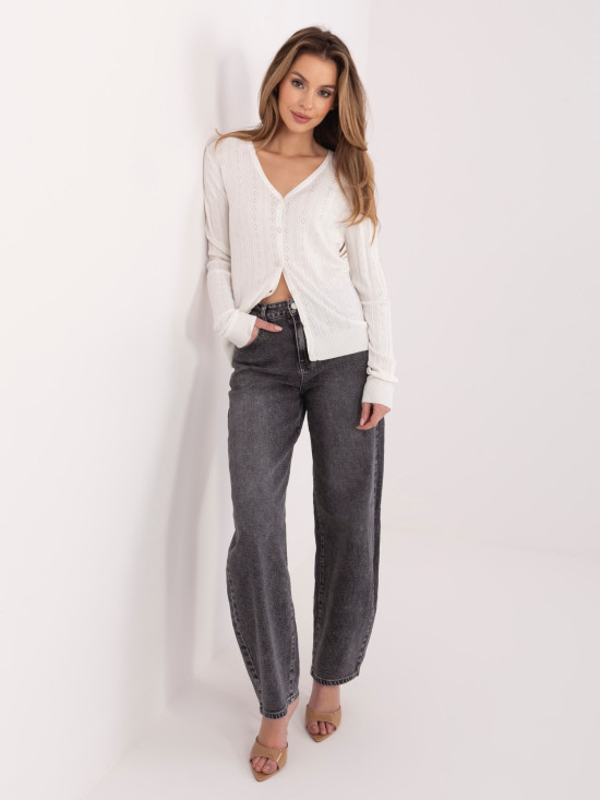 Weißer Ajour-Strickpullover mit V-Ausschnitt und Knöpfen