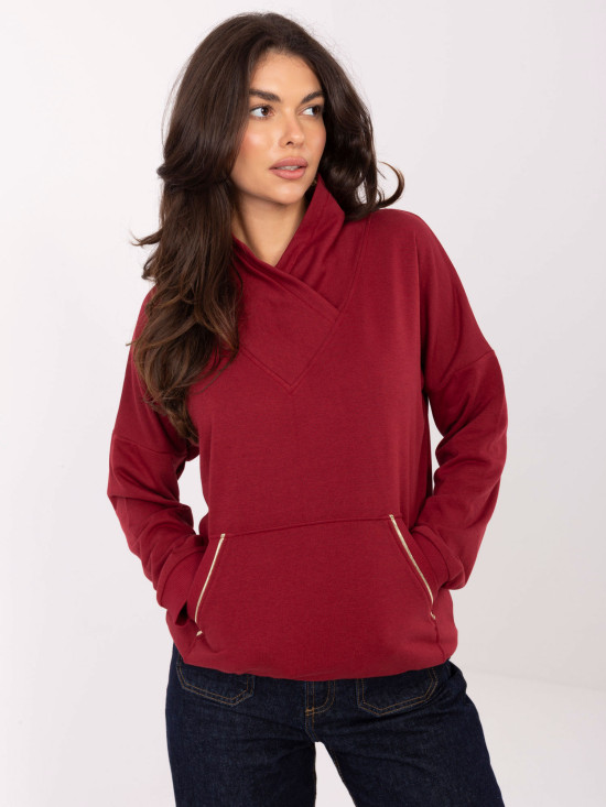 Bordeauxrotes Baumwoll-Sweatshirt mit Kragen und Tasche