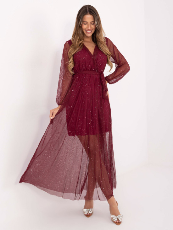 Bordeauxfarbenes Maxi-Kleid mit Gürtel und Futter