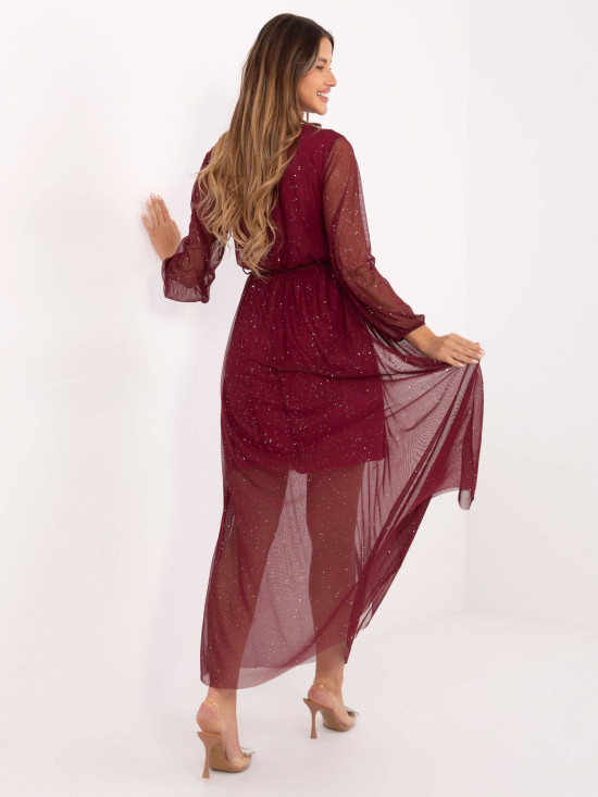 Bordeauxfarbenes Maxi-Kleid mit Gürtel und Futter