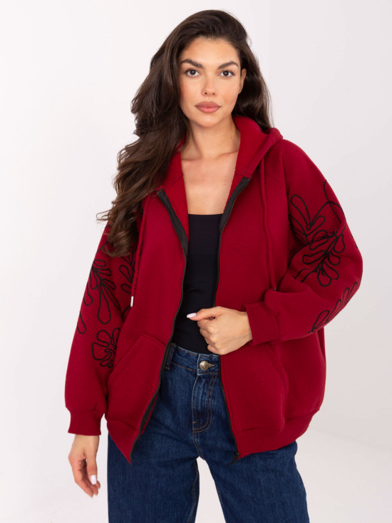Bordeauxrote Kapuzen-Sweatjacke mit Stickerei