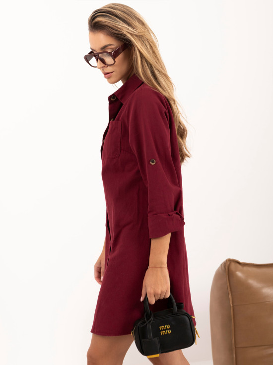 Bordeauxfarbenes Hemdblusenkleid aus Baumwolle