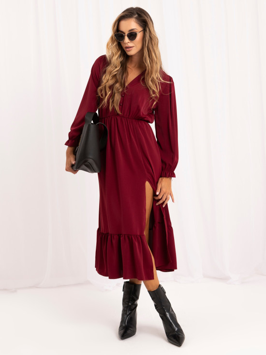 Bordeauxfarbenes Midi-Kleid mit Volant und V-Ausschnitt