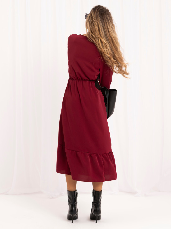 Bordeauxfarbenes Midi-Kleid mit Volant und V-Ausschnitt