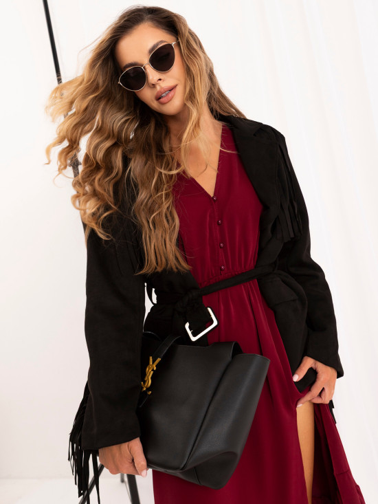 Bordeauxfarbenes Midi-Kleid mit Volant und V-Ausschnitt