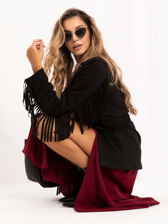 Bordeauxfarbenes Midi-Kleid mit Volant und V-Ausschnitt