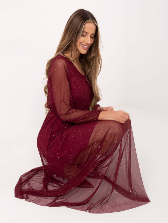 Bordeauxfarbenes Maxi-Kleid mit Gürtel und Futter