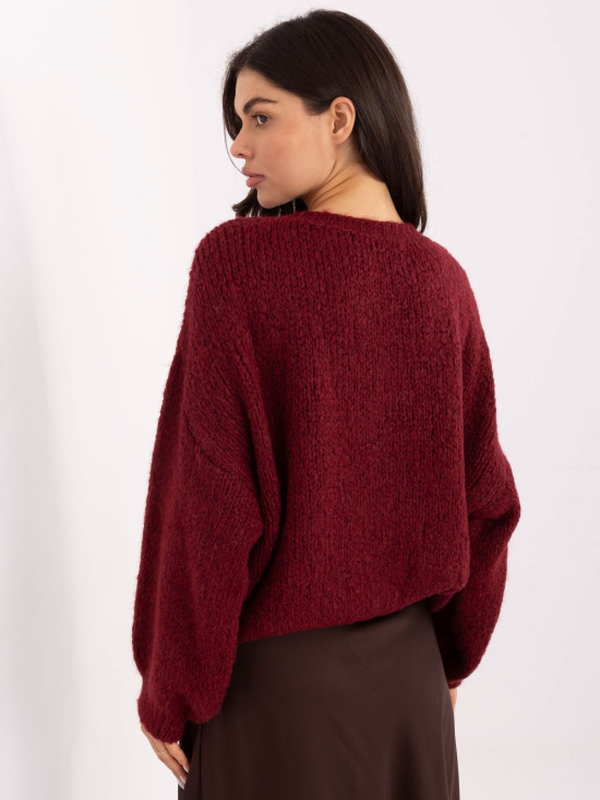 Bordeauxfarbener Pullover mit Rundhalsausschnitt und Puffärmeln