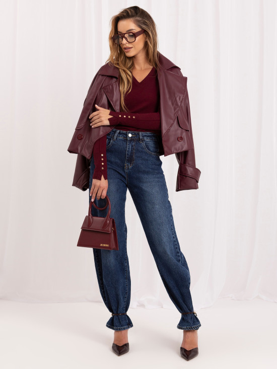 Eleganter bordeauxfarbener Pullover mit V-Ausschnitt und Knöpfen