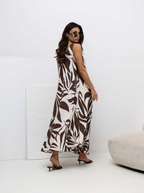 Braunes Maxi-Kleid mit V-Ausschnitt und Print