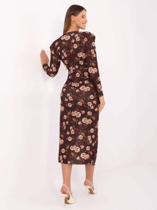 Braunes Midikleid mit Blumenmuster und Wickelausschnitt