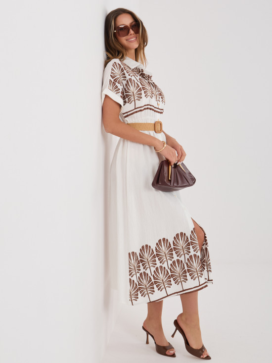 Weiß-braunes Hemdblusenkleid mit Stickerei und Gürtel, midi