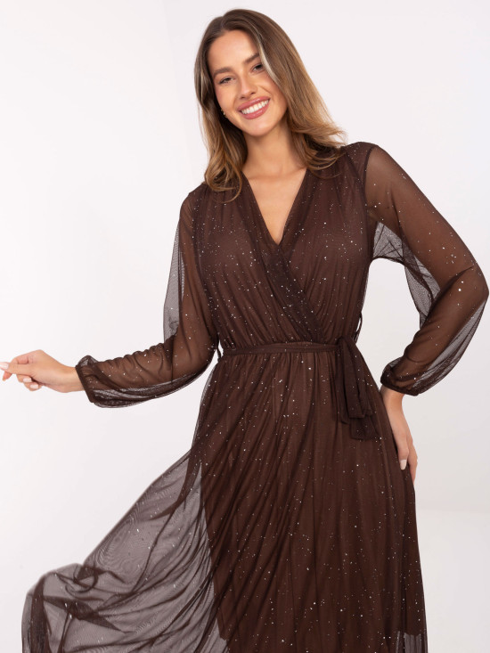 Braunes Maxi-Kleid mit Applikation und Gürtel