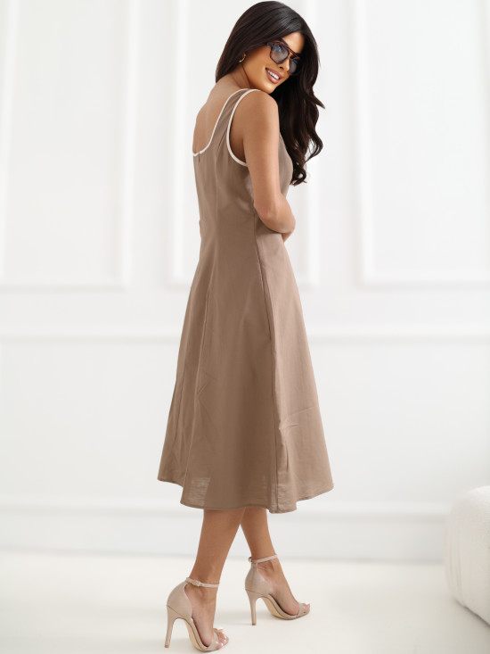 Braunes Midi-Kleid mit Leinenanteil und eckigem Ausschnitt