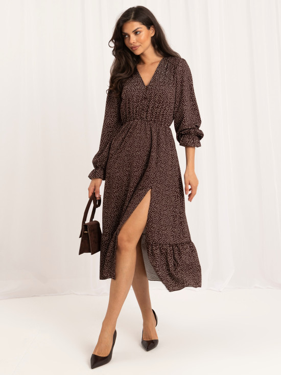 Braunes Midi-Kleid mit Punkten und Volant