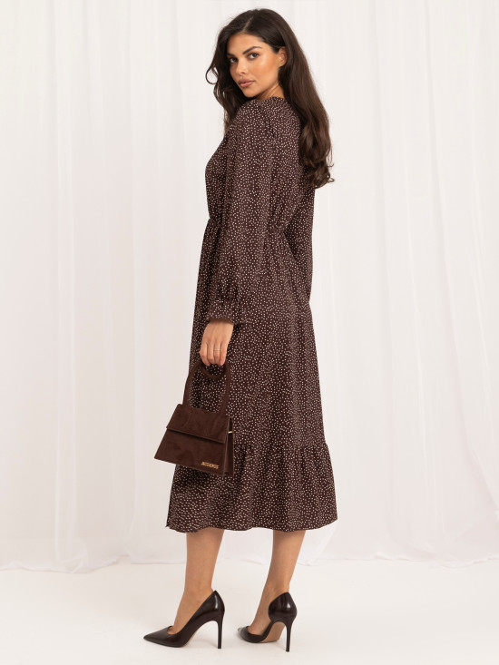 Braunes Midi-Kleid mit Punkten und Volant