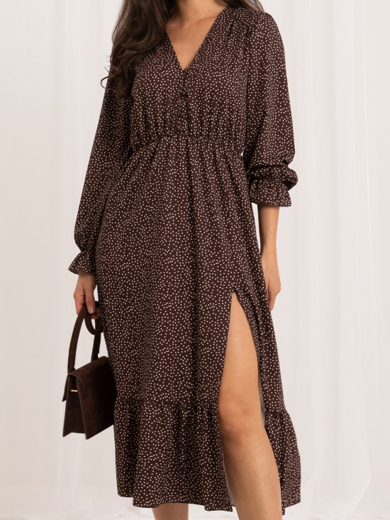Braunes Midi-Kleid mit Punkten und Volant