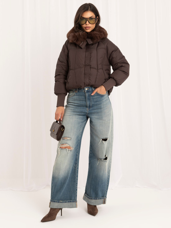 Braune gesteppte Winterjacke mit Stehkragen